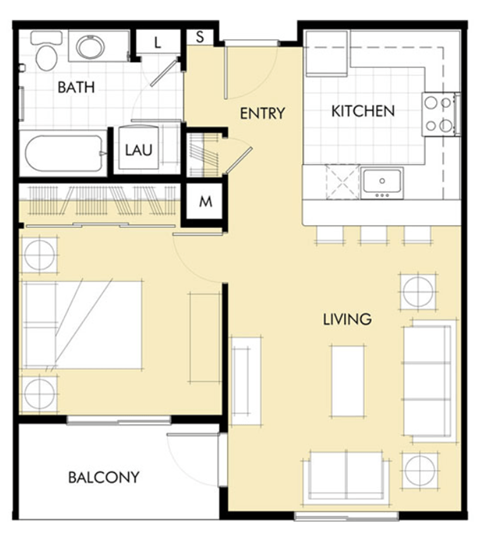 Floor plan for 1 bed, 1 bath